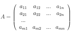 A = 
\left(
\begin{array}{cccc}
     a_{11} & a_{12} & ... & a_{1n}
  \\ a_{21} & a_{22} & ... & a_{2n}
  \\ ... &&&
  \\ a_{m1} & a_{m2} & ... & a_{mn}
\end{array}
\right)