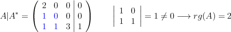 A|A^*=\left(
\begin{array}{ccc|c}
2 & 0  & 0 & 0 \\
\textcolor{blue}{1} & \textcolor{blue}{0}   & 0 & 0 \\
\textcolor{blue}{1} & \textcolor{blue}{1} & 3 &  1 
\end{array}
\right) \qquad
\left|
\begin{array}{cc}
1 & 0    \\
1 & 1   
\end{array}
\right| = 1 \neq 0 \longrightarrow rg(A)=2
