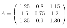 A =
\left(
\begin{array}{ccc}
1.25 & 0.8 & 1.15
\\ 1.5 & 0.75 & 1.2
\\ 1.35 & 0.9 & 1.30
\end{array}
\right)
A =
\left(
\begin{array}{ccc}
1.25 & 0.8 & 1.15
\\ 1.5 & 0.75 & 1.2
\\ 1.35 & 0.9 & 1.30
\end{array}
\right)