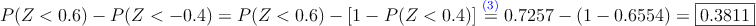 P(Z<0.6) - P(Z<-0.4)= P(Z<0.6) - [1-P(Z<0.4)]\stackrel{\textcolor{blue}{(3)}}{=}
0.7257 - (1-0.6554) = \fbox{0.3811}
