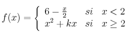 
f(x)= \left\{ \begin{array}{lcc}
              6 - \frac{x}{2} &   si  & x < 2 
              \\x^2+kx & si & x \geq 2            
              \end{array}
    \right.
