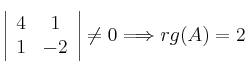 \left| \begin{array}{cc}
4 & 1 \\ 1 & -2 \end{array} \right|\neq 0 \Longrightarrow rg(A)=2 \left| \begin{array}{cc}
4 & 1 \\ 1 & -2 \end{array} \right|\neq 0 \Longrightarrow rg(A)=2