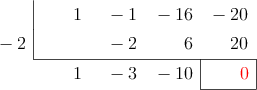  \polyhornerscheme[x=-2, resultstyle=\color{red},resultbottomrule,resultleftrule,resultrightrule]{x^3 - x^2 - 16x - 20}