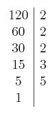 \left. \begin{array}{c|c}120 & 2\cr60 & 2 \cr30 & 2 \cr15 & 3 \cr5 & 5 \cr1\end{array} \right.