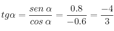 tg \alpha = \frac{sen \: \alpha}{cos \: \alpha}=\frac{0.8}{-0.6}=\frac{-4}{3} tg \alpha = \frac{sen \: \alpha}{cos \: \alpha}=\frac{0.8}{-0.6}=\frac{-4}{3}