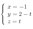 \left\{ \begin{array}{lll}
x= -1 \\  
y=2-t \\
z=t
\end{array}
\right.