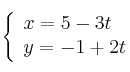 \left\{
\begin{array}{ll}
x = 5 - 3t \\
y = -1 + 2t
\end{array}
\right. 