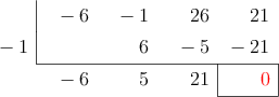  \polyhornerscheme[x=-1, resultstyle=\color{red},resultbottomrule,resultleftrule,resultrightrule]{-6x^3-x^2 + 26x + 21}
