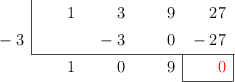 \polyhornerscheme[x=-3,resultstyle=\color{red},resultbottomrule,resultleftrule,resultrightrule]{x^3+3x^2+9x+27}
