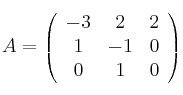 
A =
\left(
\begin{array}{ccc}
     -3 & 2 & 2
  \\ 1 & -1 & 0
  \\ 0 & 1 & 0
\end{array}
\right)
