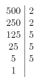 \left. \begin{array}{c|c}500 & 2\cr250 & 2 \cr125 & 5 \cr25 & 5 \cr5 & 5 \cr1\end{array} \right.
\left. \begin{array}{c|c}500 & 2\cr250 & 2 \cr125 & 5 \cr25 & 5 \cr5 & 5 \cr1\end{array} \right.