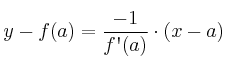 y-f(a) = \frac{-1}{f\textsc{\char13}(a)} \cdot (x-a) y-f(a) = \frac{-1}{f\textsc{\char13}(a)} \cdot (x-a)