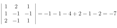 \left |
\begin{array}{ccc}
1 & 2 & 1\\
1 & -1 & -1\\
2 & -1 & 1
\end{array}
\right |= -1-1-4+2-1-2 = -7 \left |
\begin{array}{ccc}
1 & 2 & 1\\
1 & -1 & -1\\
2 & -1 & 1
\end{array}
\right |= -1-1-4+2-1-2 = -7