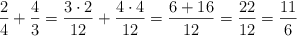 \frac{2}{4} + \frac{4}{3} = \frac{3 \cdot 2}{12} + \frac{4 \cdot 4}{12} = \frac{6+16}{12} = \frac{22}{12} = \frac{11}{6} 