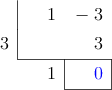  \polyhornerscheme[x=3, resultstyle=\color{blue},resultbottomrule,resultleftrule,resultrightrule]{x - 3}