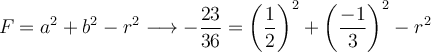 F=a^2+b^2-r^2 \longrightarrow -\frac{23}{36} = \left( \frac{1}{2} \right)^2+ \left( \frac{-1}{3} \right)^2 - r^2 F=a^2+b^2-r^2 \longrightarrow -\frac{23}{36} = \left( \frac{1}{2} \right)^2+ \left( \frac{-1}{3} \right)^2 - r^2