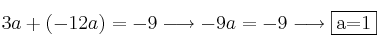 3a+(-12a)=-9 \longrightarrow -9a=-9 \longrightarrow \fbox{a=1} 3a+(-12a)=-9 \longrightarrow -9a=-9 \longrightarrow \fbox{a=1}