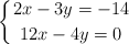 \left\{ { 2x-3y=-14 \atop 12x-4y=0  } \right.