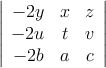 \left| \begin{array}{ccc} 
  -2y & x & z \\
  -2u & t & v \\
  -2b & a & c 
\end{array} \right|
