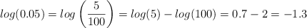 log (0.05) = log \left( \frac{5}{100} \right) = log (5) - log (100) = 0.7 - 2 = -1.3