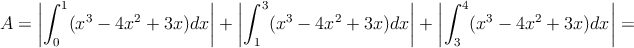 A = \left| \int_0^1 (x^3-4x^2+3x)dx \right| + \left| \int_1^3 (x^3-4x^2+3x)dx \right| +\left| \int_3^4 (x^3-4x^2+3x)dx \right| =