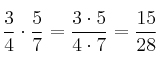  \frac{3}{4} \cdot \frac{5}{7} = \frac{3 \cdot 5}{4 \cdot 7} = \frac{15}{28}